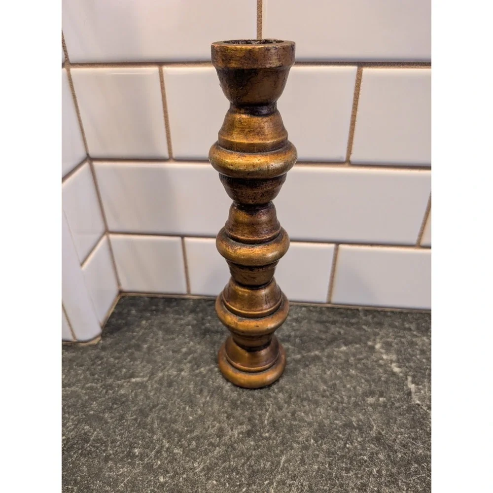 Vintage Gilt Gold‎ Spindle Wood Candlestick Holder Hand Turned 10.5 Inch Antique
